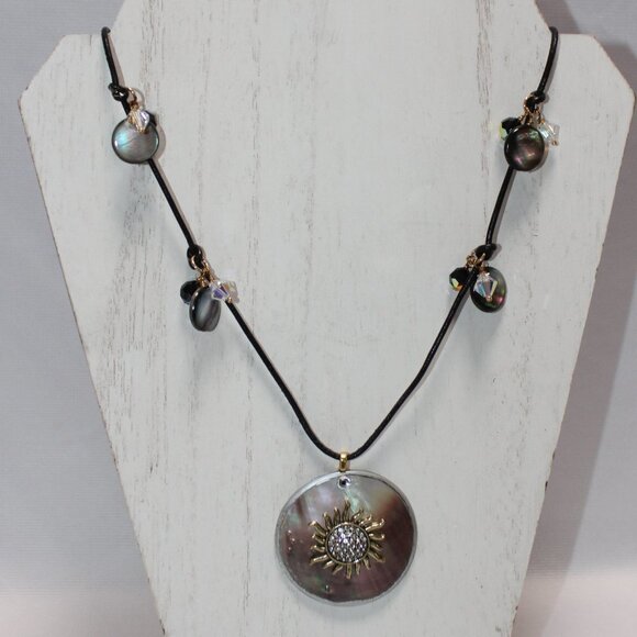 Mother of Pearl Blister Pearl with Sun Center and Leather Cord with Crystals - Picture 1 of 11